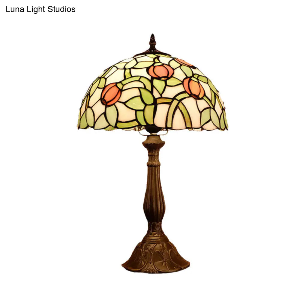 Mediterranean Bronze Tulip Patterned Nightstand Lamp With Stained Glass Shade