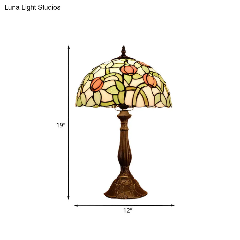 Mediterranean Bronze Tulip Patterned Nightstand Lamp With Stained Glass Shade