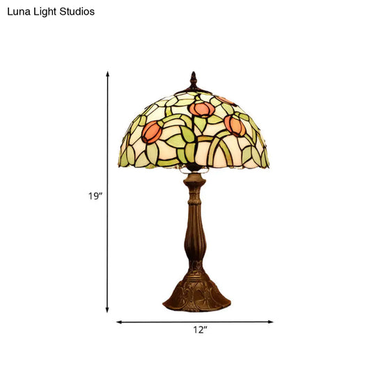 Mediterranean Bronze Tulip Patterned Nightstand Lamp With Stained Glass Shade