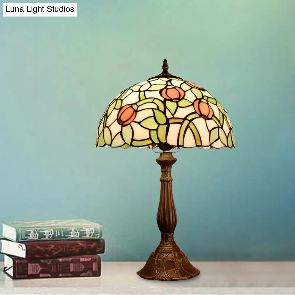 Mediterranean Bronze Tulip Patterned Nightstand Lamp With Stained Glass Shade