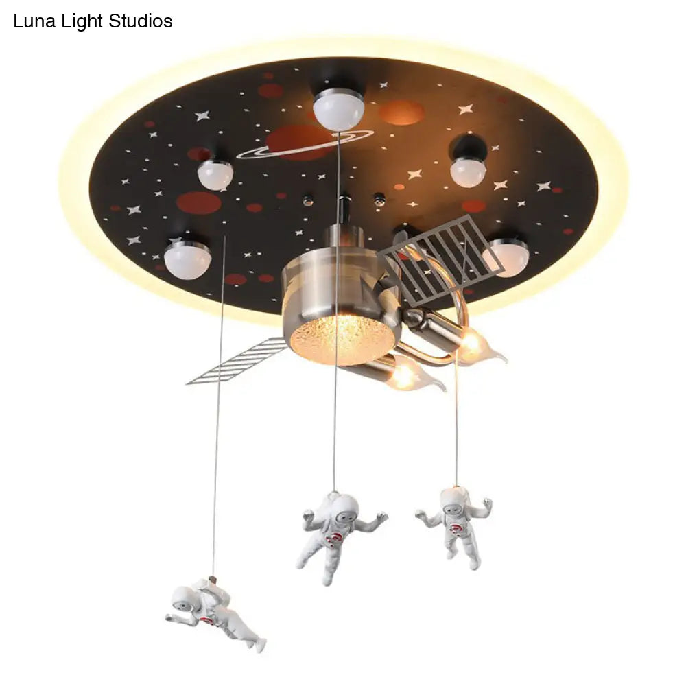 Astronaut Themed Led Flush Mount Light In Black - Metallic Space Ship Design For Kids Room