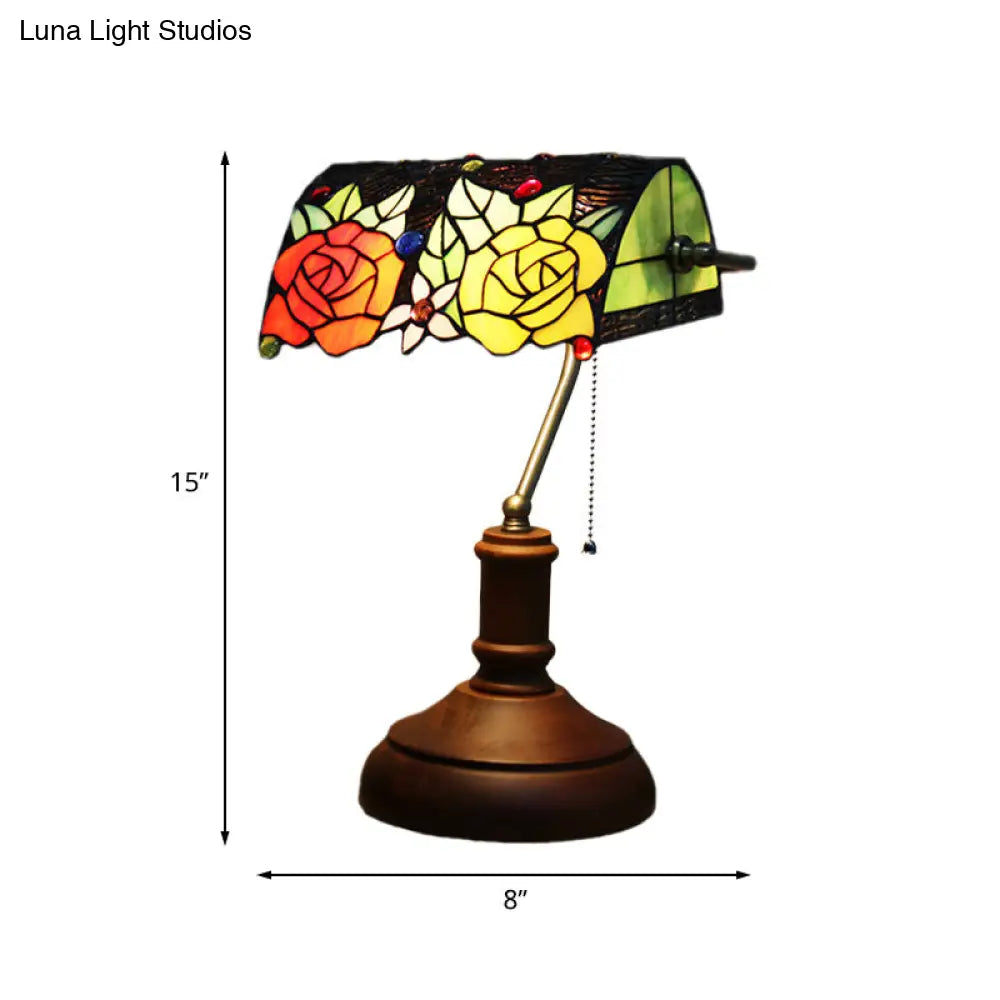 Baroque Rose Stained Glass Table Lamp: Elegant Night Lighting With Pull Chain - Dark Brown