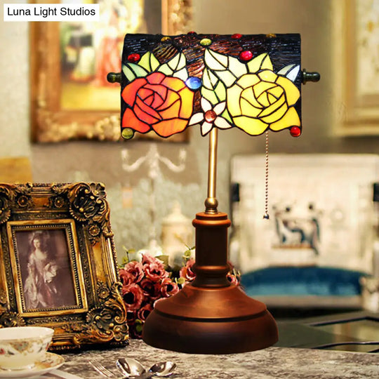 Baroque Rose Stained Glass Table Lamp: Elegant Night Lighting With Pull Chain - Dark Brown