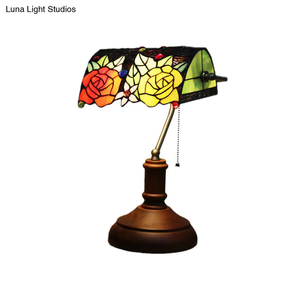 Baroque Rose Stained Glass Table Lamp: Elegant Night Lighting With Pull Chain - Dark Brown