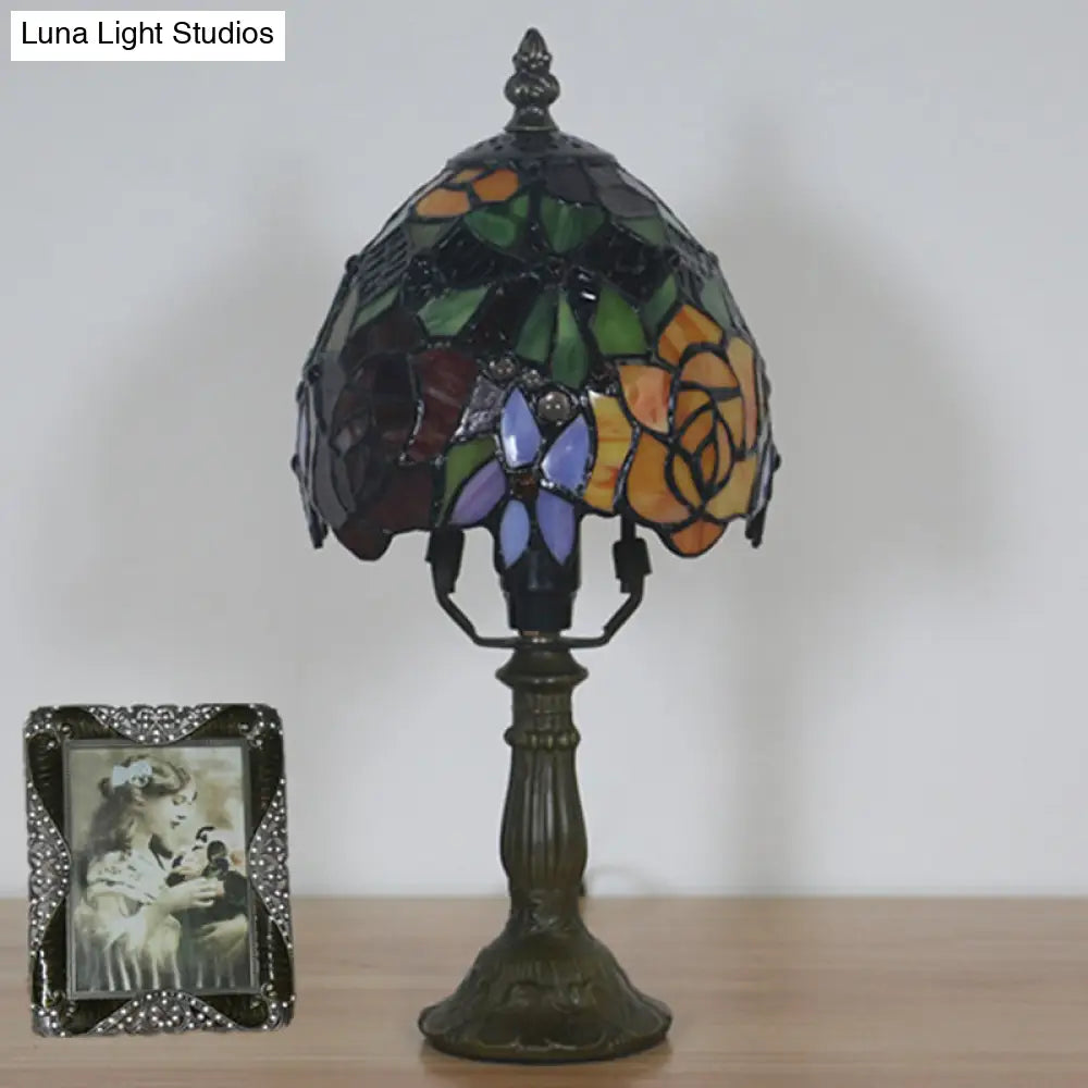 Aubrey - Baroque 1 Head Rose Patterned Night Lamp Dark Coffee Stained Art Glass Nightstand Light