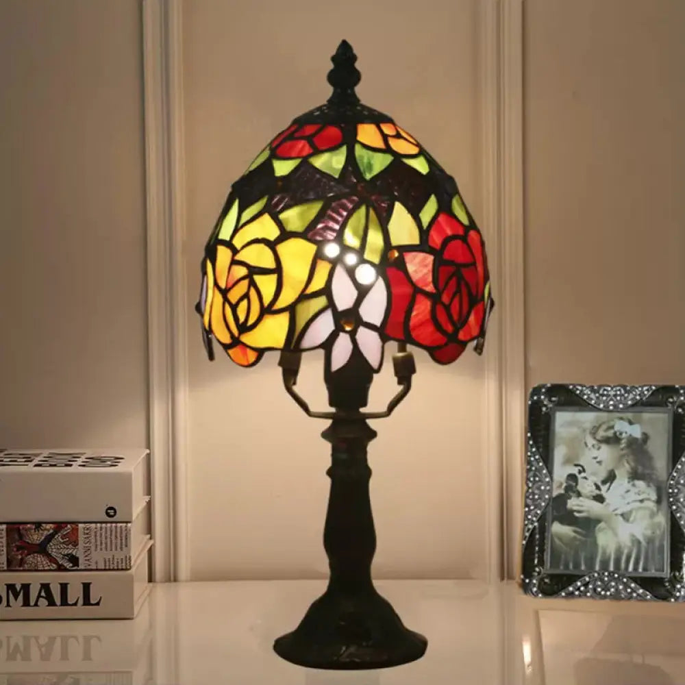 Aubrey - Baroque 1 Head Rose Patterned Night Lamp Dark Coffee Stained Art Glass Nightstand Light