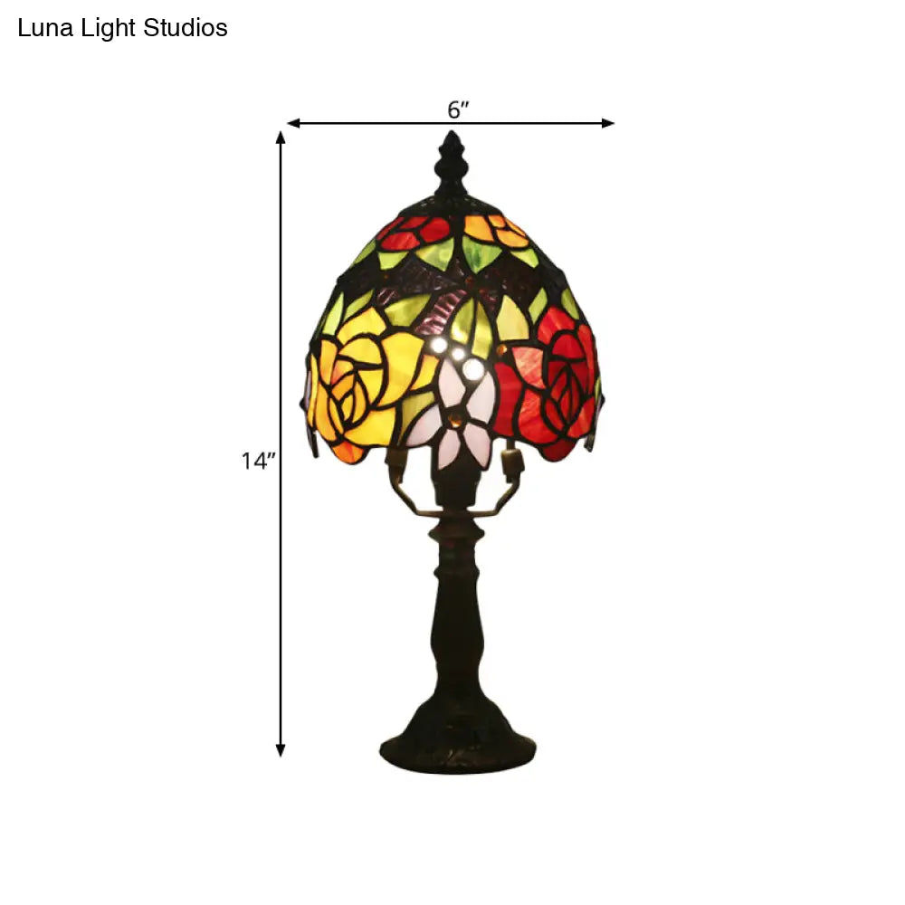 Aubrey - Baroque 1 Head Rose Patterned Night Lamp Dark Coffee Stained Art Glass Nightstand Light