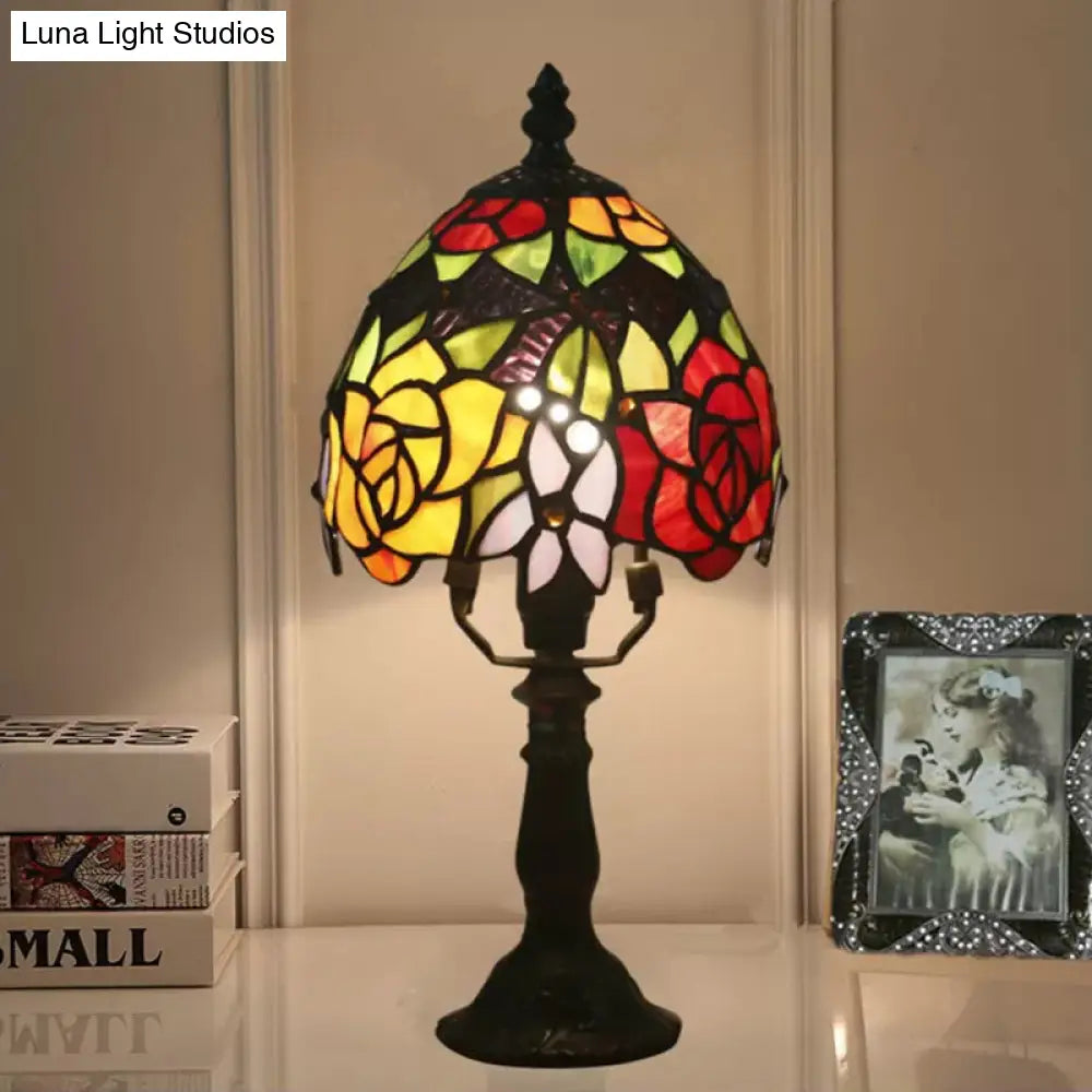 Rose Patterned Baroque Night Lamp - Dark Coffee Stained Art Glass Bowl Shade