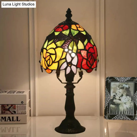 Rose Patterned Baroque Night Lamp - Dark Coffee Stained Art Glass Bowl Shade