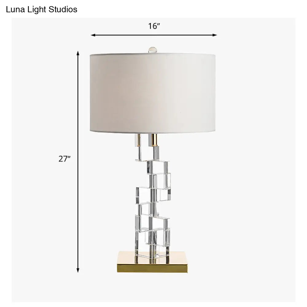 Classic White Table Lamp With Fabric Drum Shade And Clear Glass Block Accent