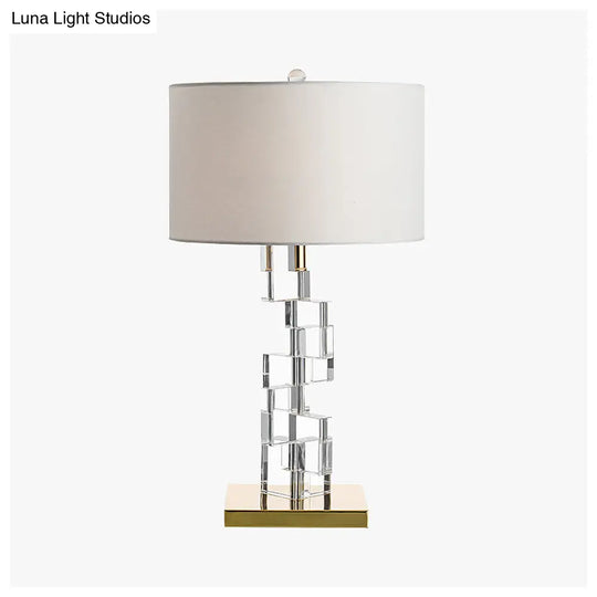 Classic White Table Lamp With Fabric Drum Shade And Clear Glass Block Accent