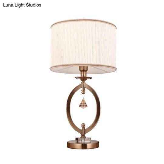 Minimal White Crystal Bedroom Table Lamp With Fabric Drum Shade