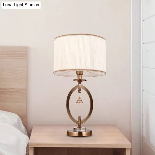 Minimal White Crystal Bedroom Table Lamp With Fabric Drum Shade