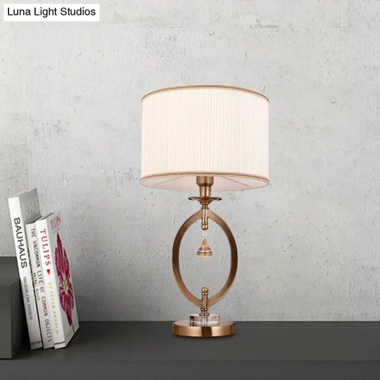 Minimal White Crystal Bedroom Table Lamp With Fabric Drum Shade Brass