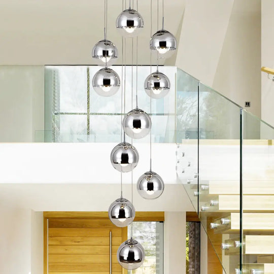 Aurora - Mirrored Glass Round Shade Suspension Light Simplicity 10 Heads Multi Pendant Chrome