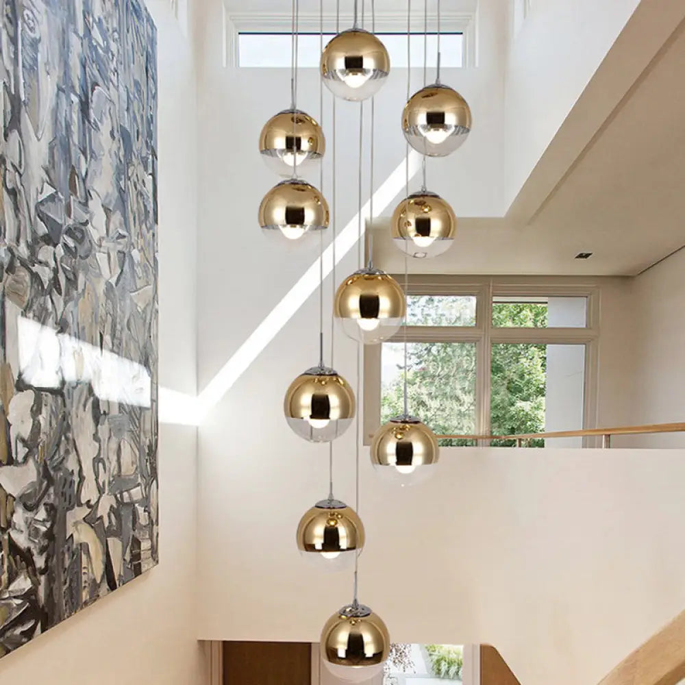 Aurora - Mirrored Glass Round Shade Suspension Light Simplicity 10 Heads Multi Pendant Gold Lighting