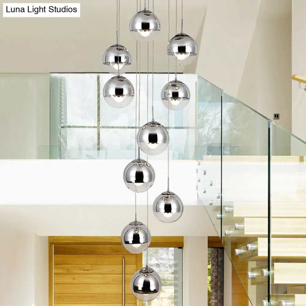 Sleek Mirrored Glass Round Shade Suspension Light - Simplicity 10 Head Pendant Chrome