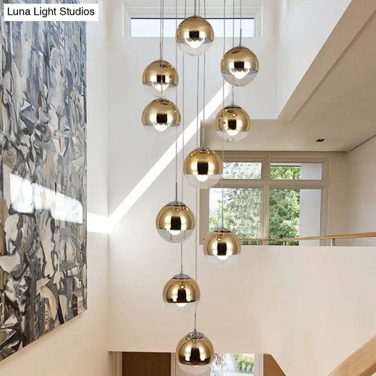 Sleek Mirrored Glass Round Shade Suspension Light - Simplicity 10 Head Pendant Gold