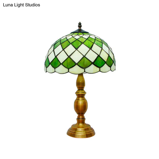 Mediterranean Green Table Lamp With Cut Glass Shade - Bedroom Nightstand Lighting