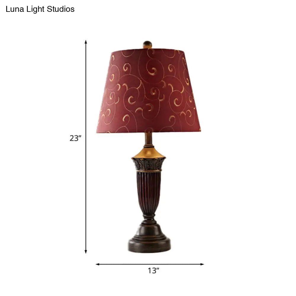 Burgundy Swirl Pattern Fabric Night Lamp - Rural Tapered Table Stand Light For Living Room