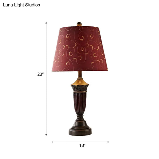 Burgundy Swirl Pattern Fabric Night Lamp - Rural Tapered Table Stand Light For Living Room