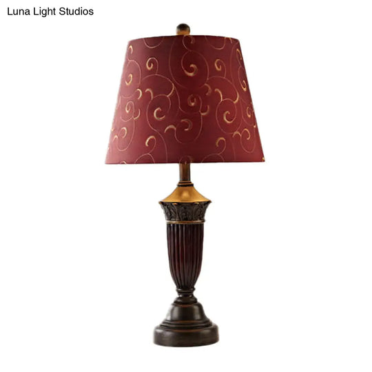 Burgundy Swirl Pattern Fabric Night Lamp - Rural Tapered Table Stand Light For Living Room