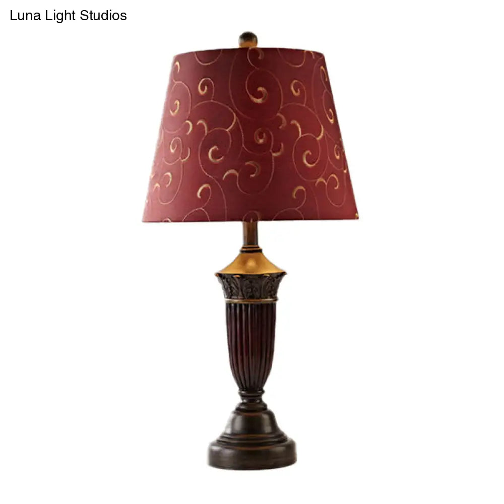 Azaleh - Swirl 1 Head Patterned Fabric Night Lamp Rural Burgundy Tapered Living Room Table Stand