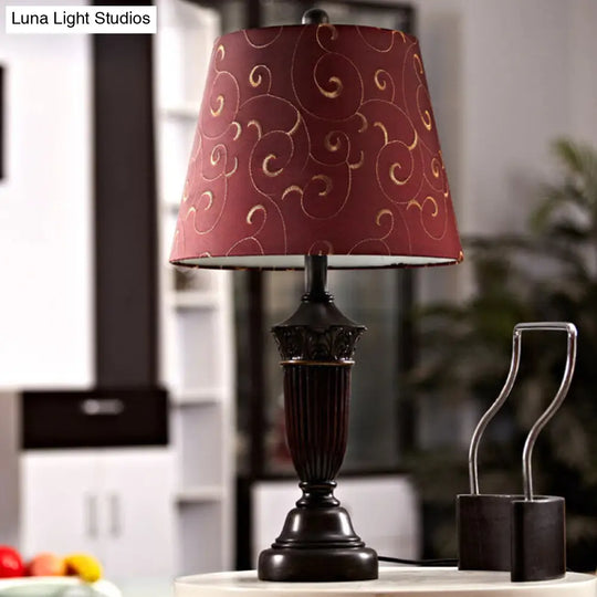 Burgundy Swirl Pattern Fabric Night Lamp - Rural Tapered Table Stand Light For Living Room