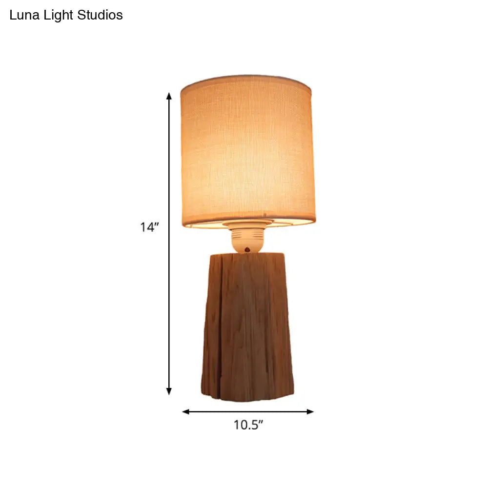 Classic Style Cylinder Fabric Bedroom Night Light With Wood Nightstand