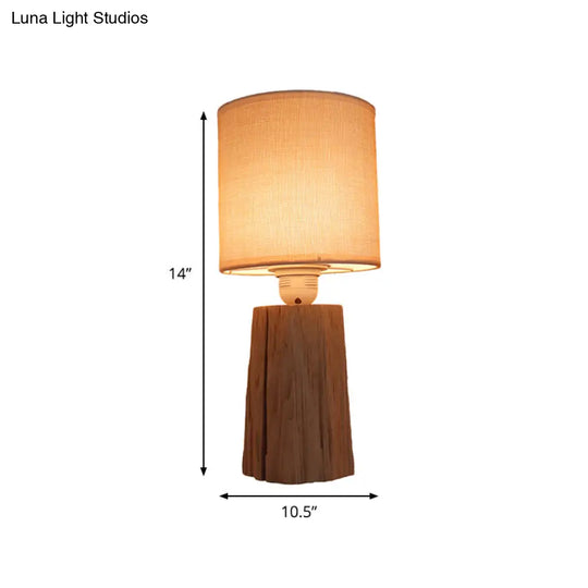 Classic Style Cylinder Fabric Bedroom Night Light With Wood Nightstand