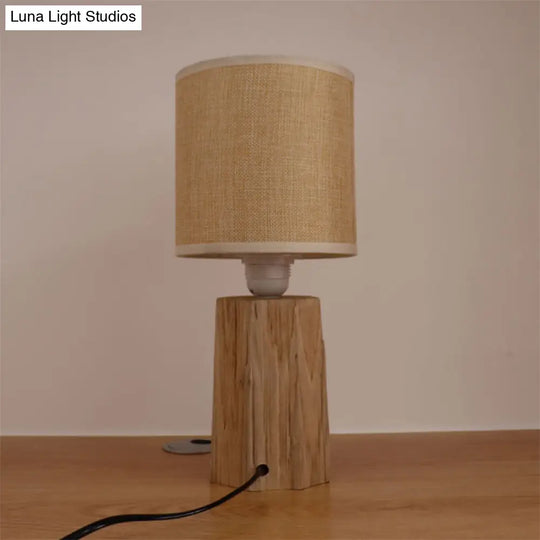 Classic Style Cylinder Fabric Bedroom Night Light With Wood Nightstand