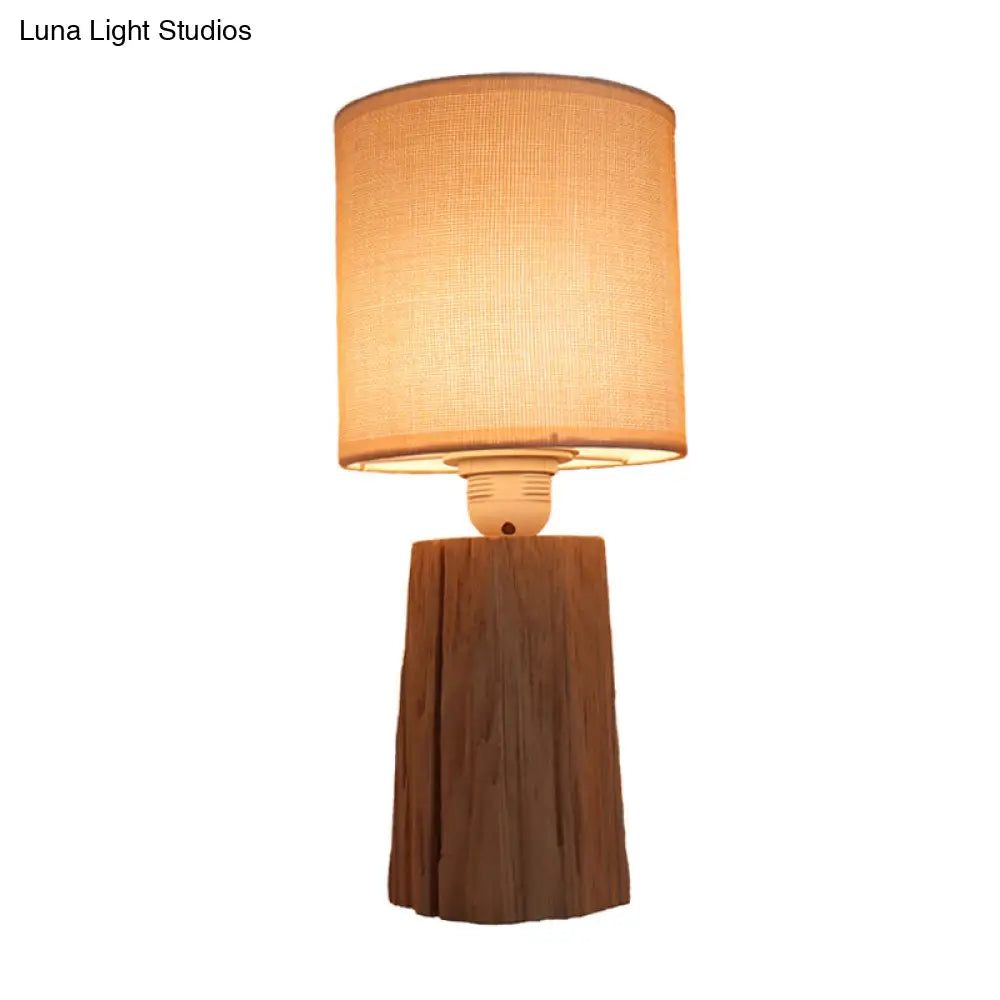 Classic Style Cylinder Fabric Bedroom Night Light With Wood Nightstand