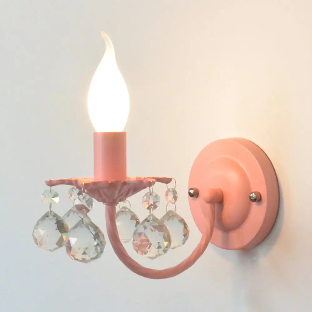 Baby Bedroom Crystal Ball Wall Sconce - Nordic Style Metal Candle Light (1 Bulb) Pink