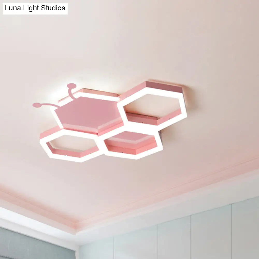 Baby Room Ceiling Light: Kids Honeycomb Iron Led Flushmount - Pink/Black Warm/White Light