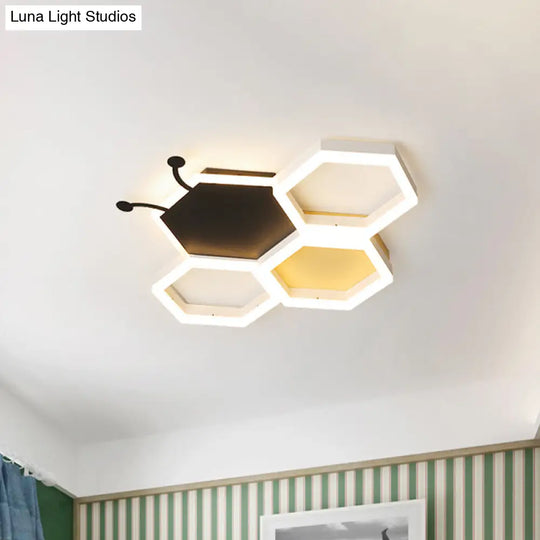 Baby Room Ceiling Light: Kids Honeycomb Iron Led Flushmount - Pink/Black Warm/White Light