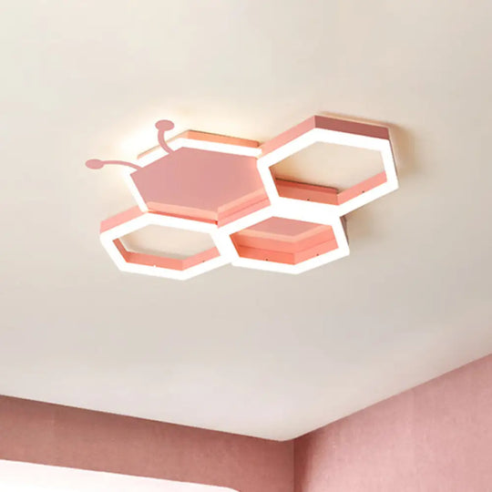 Baby Room Ceiling Light: Kids Honeycomb Iron Led Flushmount - Pink/Black Warm/White Light Pink /