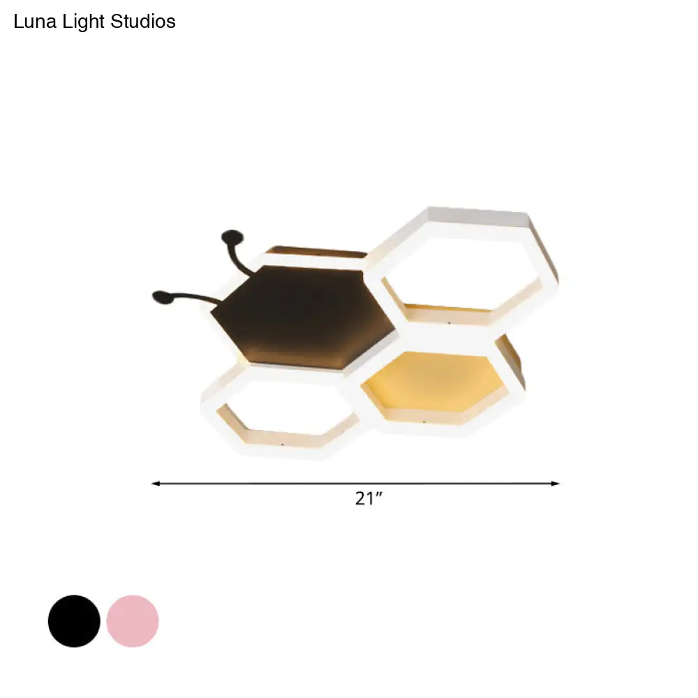 Baby Room Ceiling Light: Kids Honeycomb Iron Led Flushmount - Pink/Black Warm/White Light