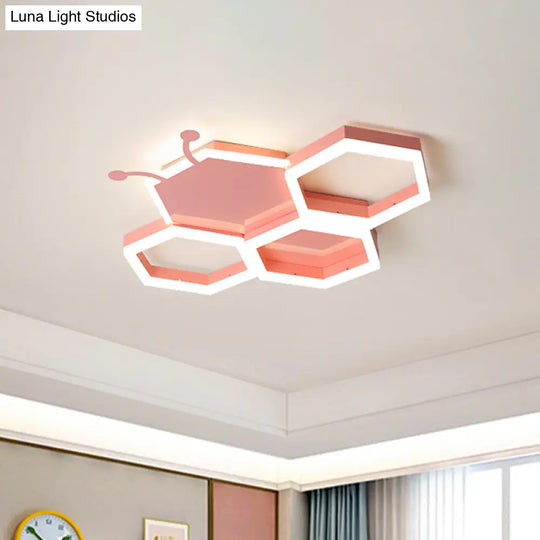 Baby Room Ceiling Light: Kids Honeycomb Iron Led Flushmount - Pink/Black Warm/White Light