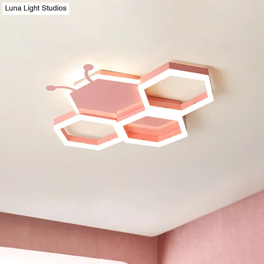 Baby Room Ceiling Light: Kids Honeycomb Iron Led Flushmount - Pink/Black Warm/White Light Pink /