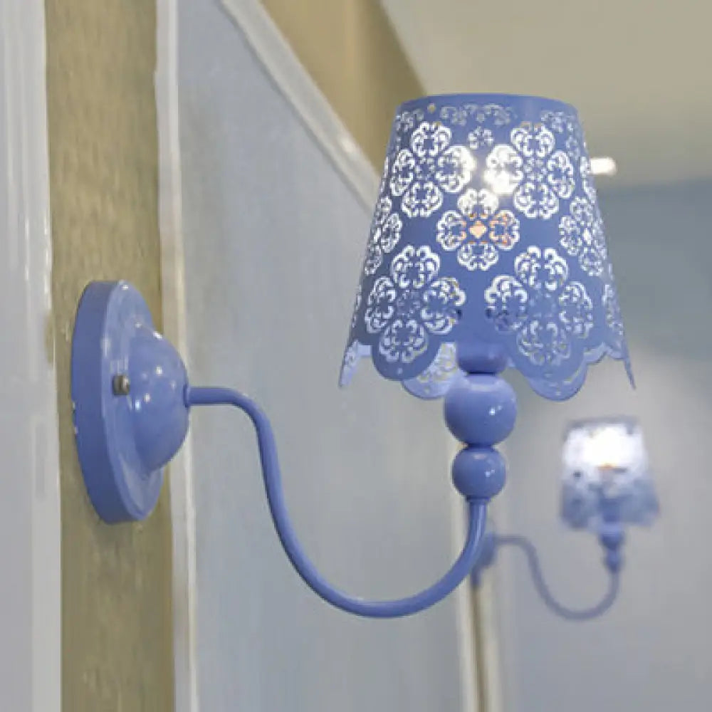 Baby Room Macaron Candy Colored Wall Sconce With Etched Empire Shade - 1 Light Iron Blue