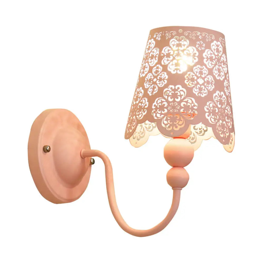 Baby Room Macaron Candy Colored Wall Sconce With Etched Empire Shade - 1 Light Iron Pink