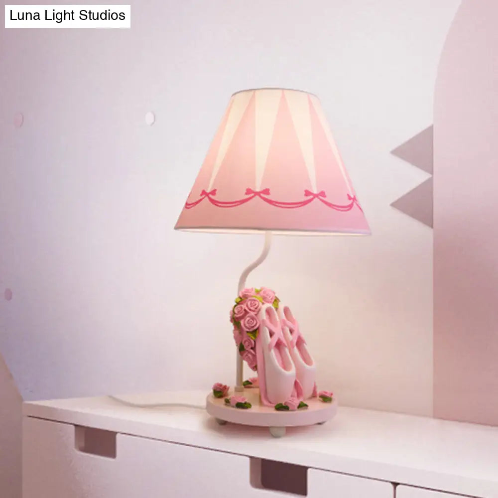 Girls Ballet Shoes Bedside Lamp - Pink Resin Table Light With Cone Shade