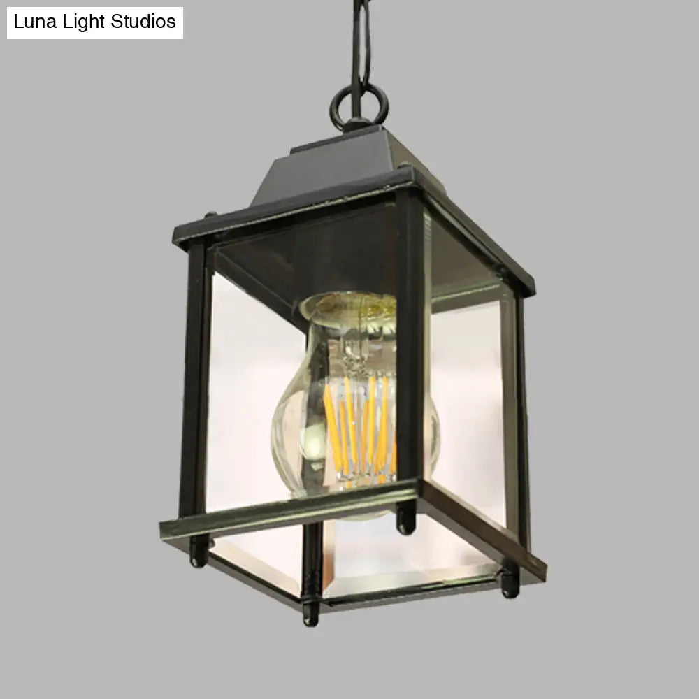 Balcony Pendant Light: Open Bottom Lodges With Clear Glass 1 Bulb Black Finish Ceiling Lamp