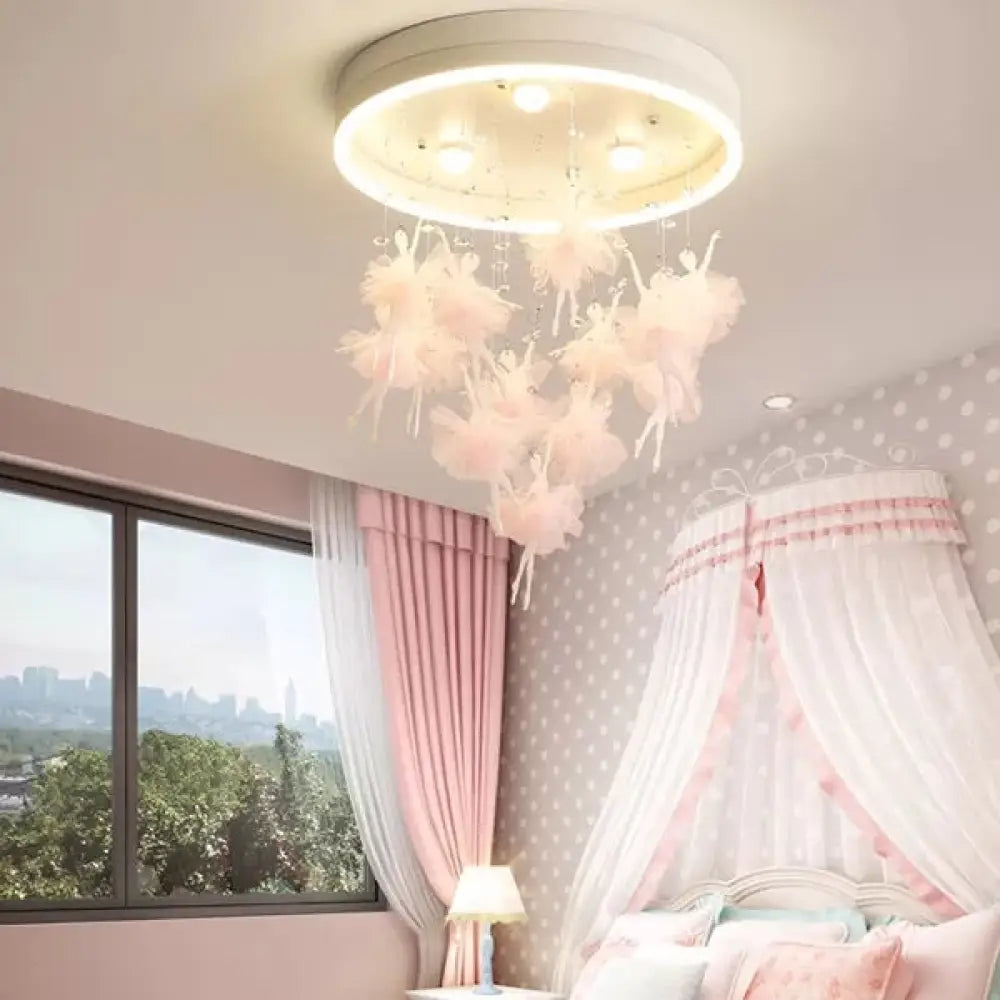 Ballet Kids Acrylic Ceiling Lamp For Girls Bedroom - Round Canopy Flush Light Pink