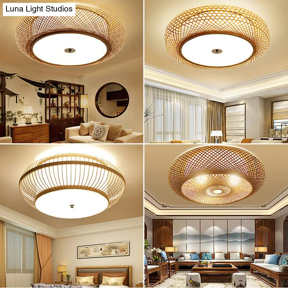 Bamboo 3-Light Chinese Style Ceiling Flush Mount For Living Room With Inner Shade