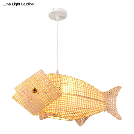 Bamboo Asian Ceiling Pendant: Fish-Shaped Wood Light For Restaurants