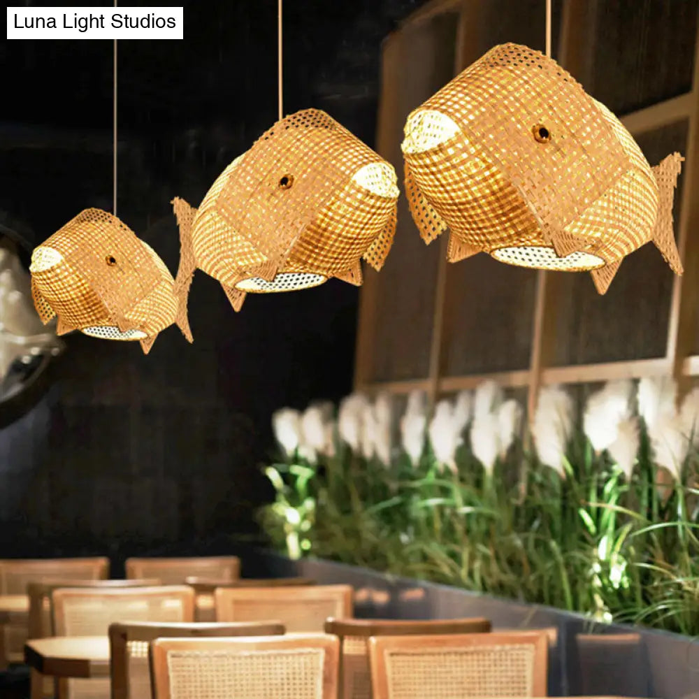 Bamboo Asian Ceiling Pendant: Fish-Shaped Wood Light For Restaurants