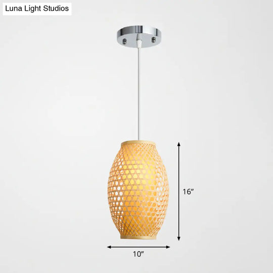 Bamboo Asian Hanging Lamp: Oval Restaurant Suspension Light In Beige