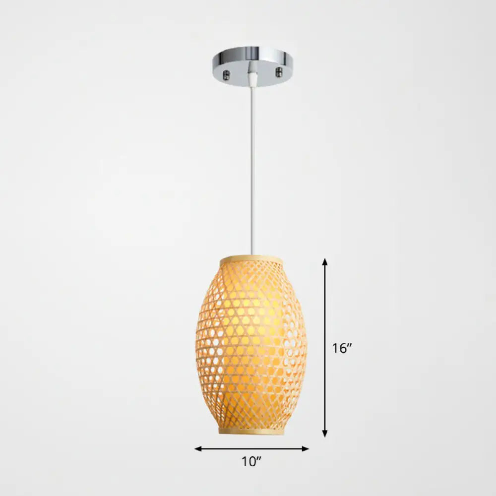 Bamboo Asian Hanging Lamp: Oval Restaurant Suspension Light In Beige