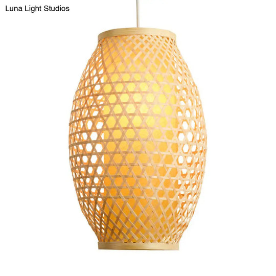 Bamboo Asian Hanging Lamp: Oval Restaurant Suspension Light In Beige